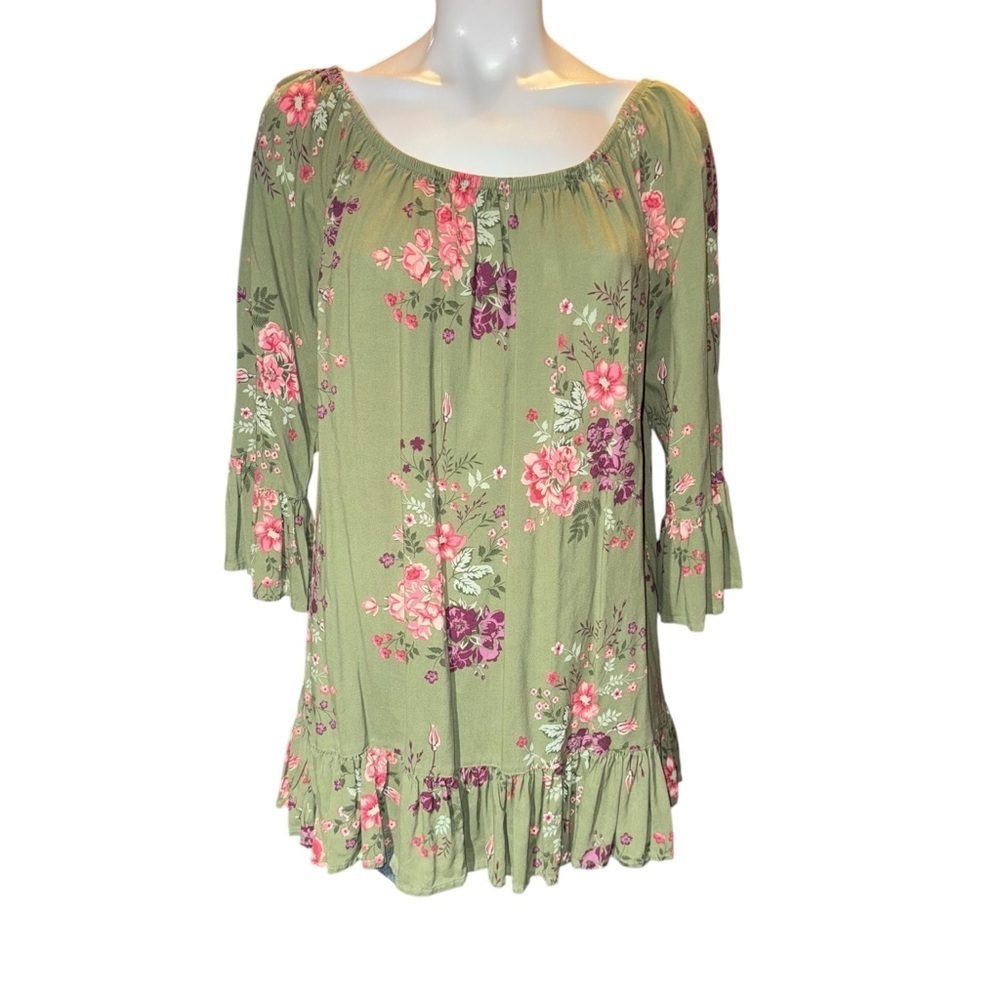 Terra & Sky Women’s Blouse SZ 1X  Green Pink Purple Elastic neck  3/4 Sleeve